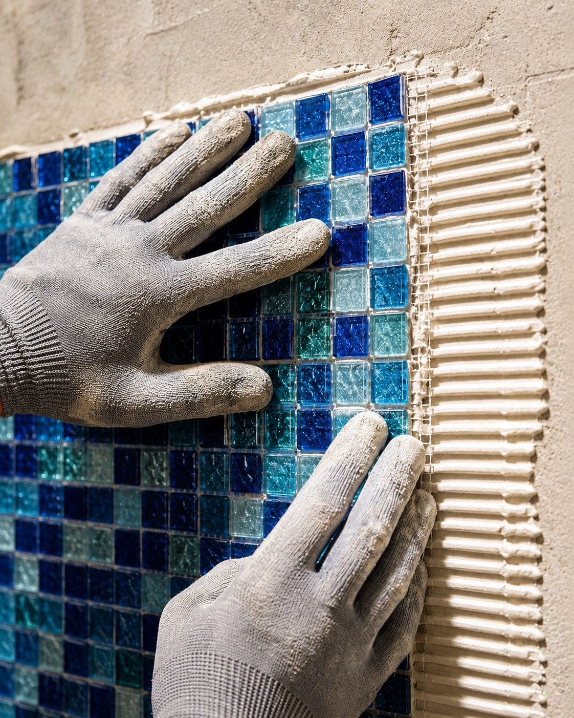 Gloved hands pressing blue mosaic into fresh adhesive