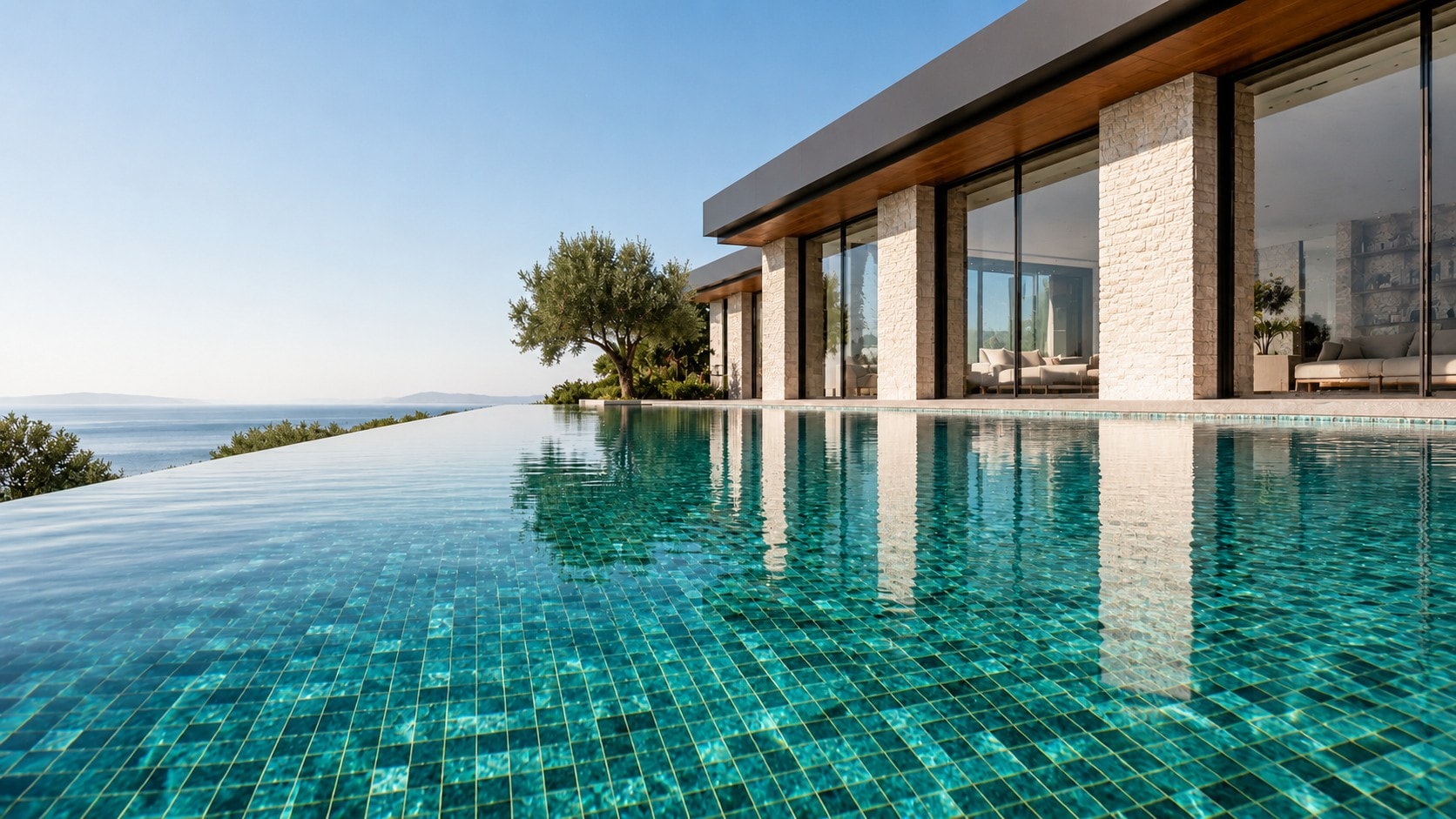 A villa over an infinity pool of aquamarine mosaic