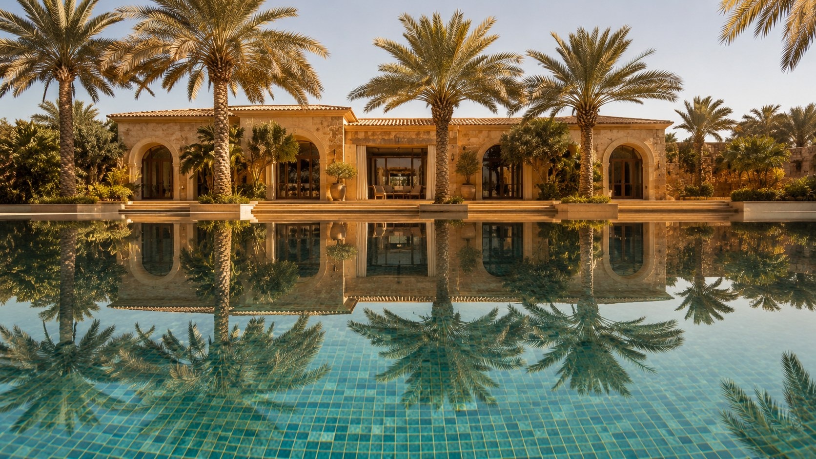 A stone villa and palms mirrored in still mosaic water