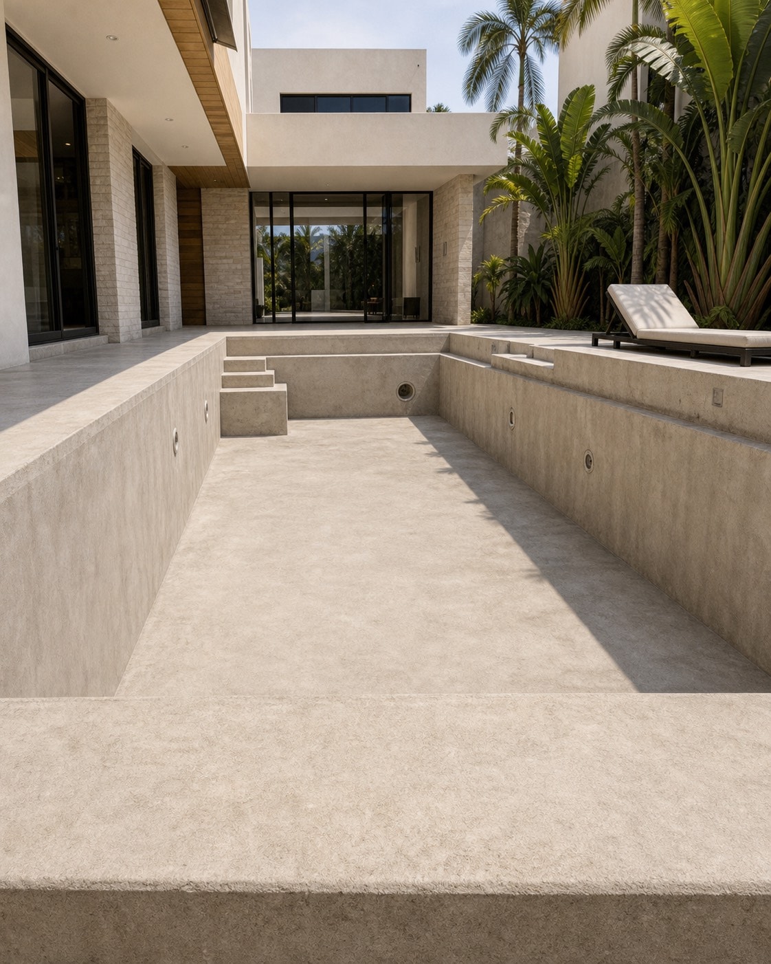 An empty unfinished pool shell before mosaic tile installation