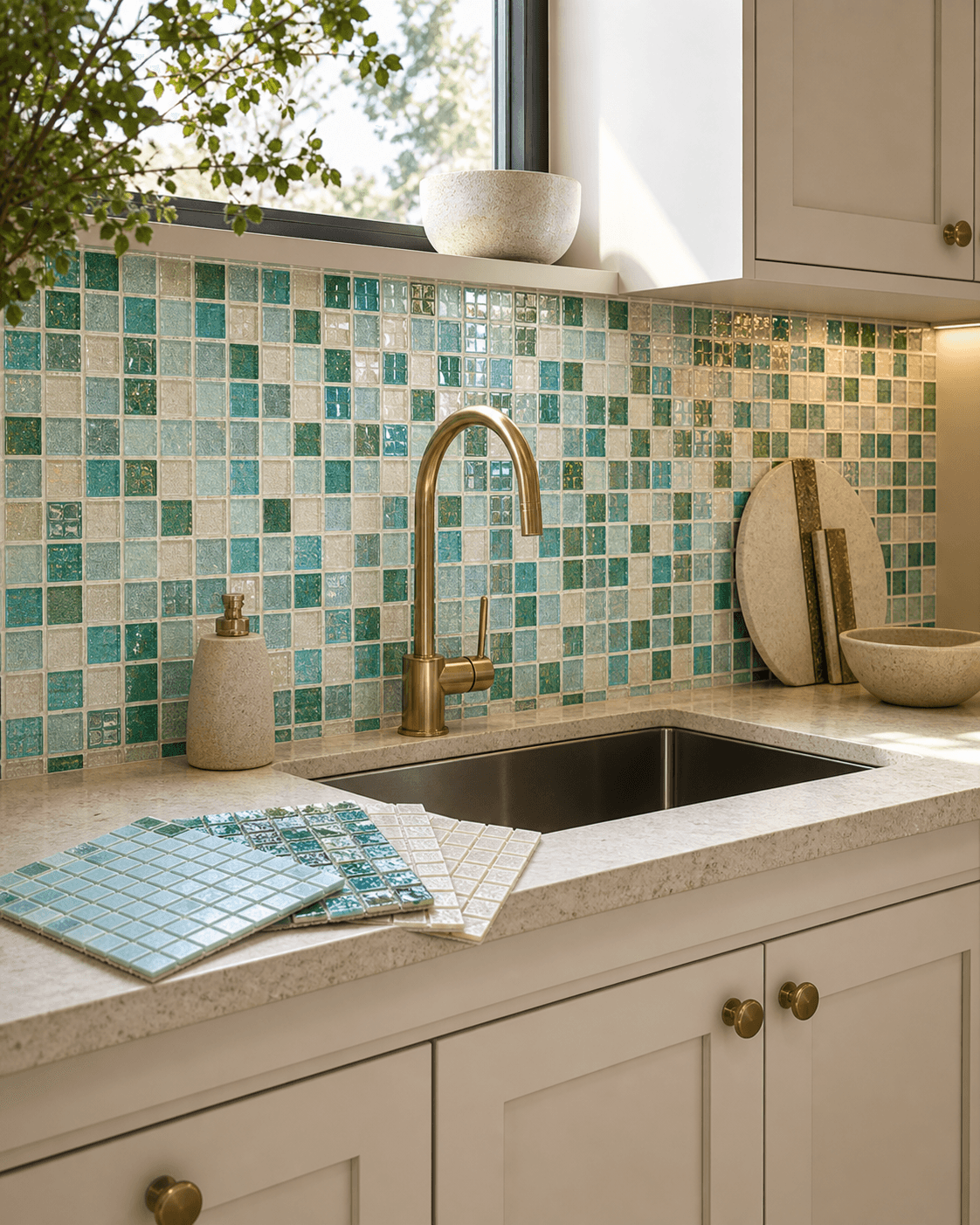 Aqua mosaic showroom proof across a kitchen wall